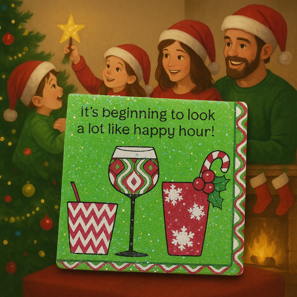 ✨ Holiday “Happy Hour” Coaster Set of 4 – Glittery Christmas Drink Design 🎄🍷