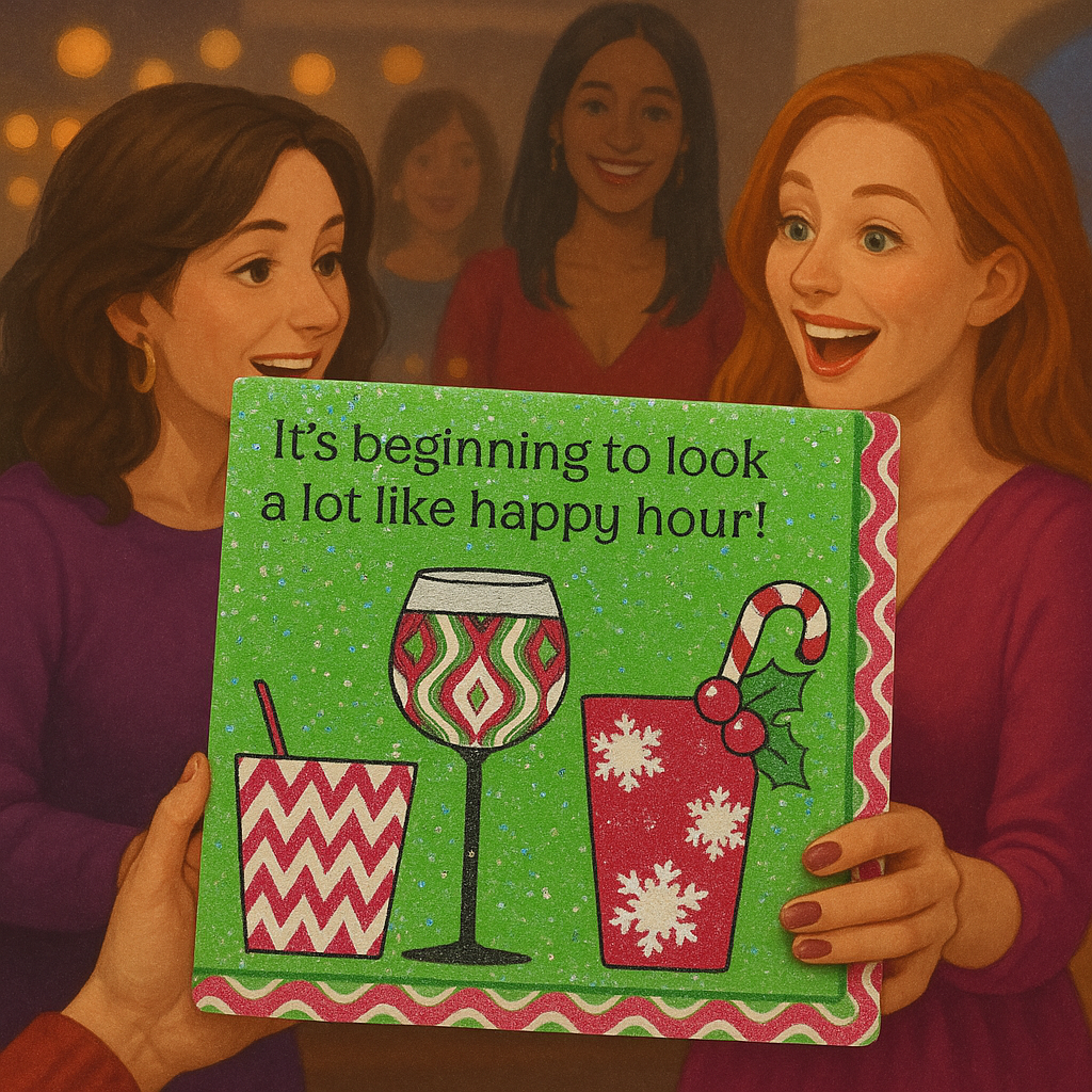 ✨ Holiday “Happy Hour” Coaster Set of 4 – Glittery Christmas Drink Design 🎄🍷