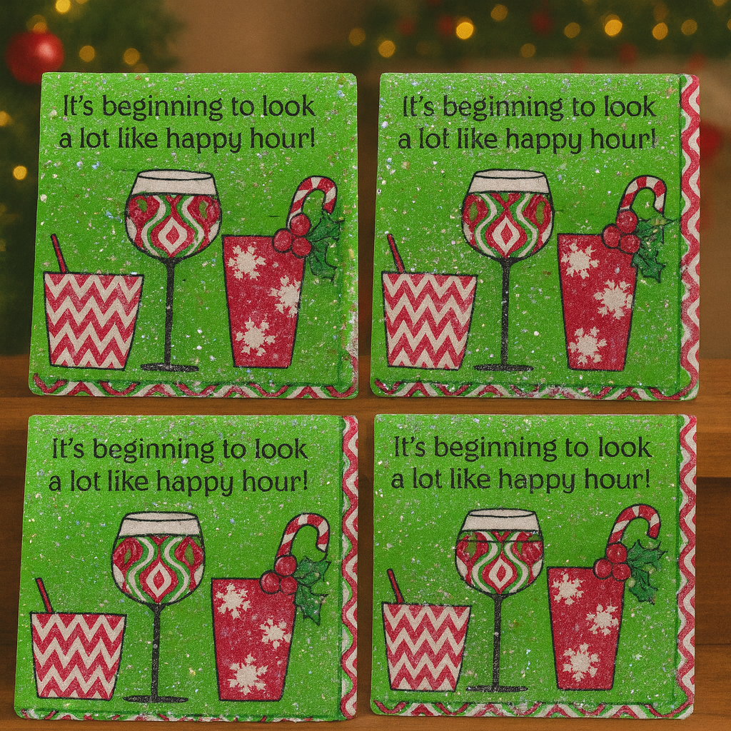 ✨ Holiday “Happy Hour” Coaster Set of 4 – Glittery Christmas Drink Design 🎄🍷