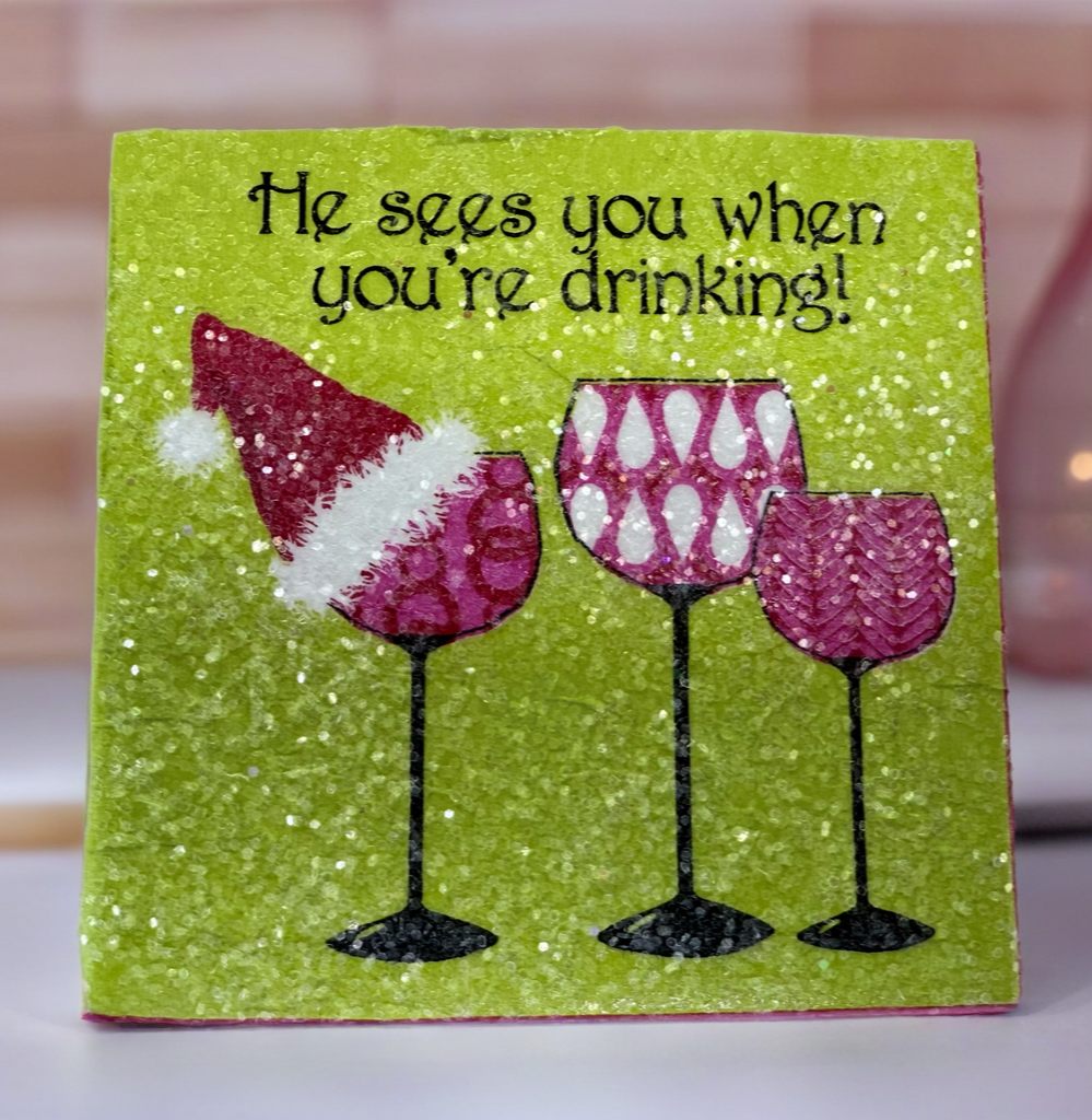 He See's You When You're Drinking Christmas Cocktail Ceramic Tile Coasters (set of 4)
