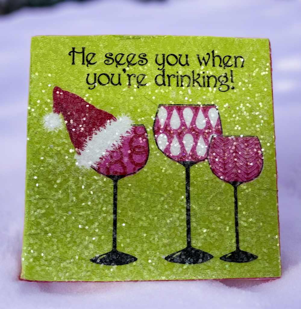 He See's You When You're Drinking Christmas Cocktail Ceramic Tile Coasters (set of 4)