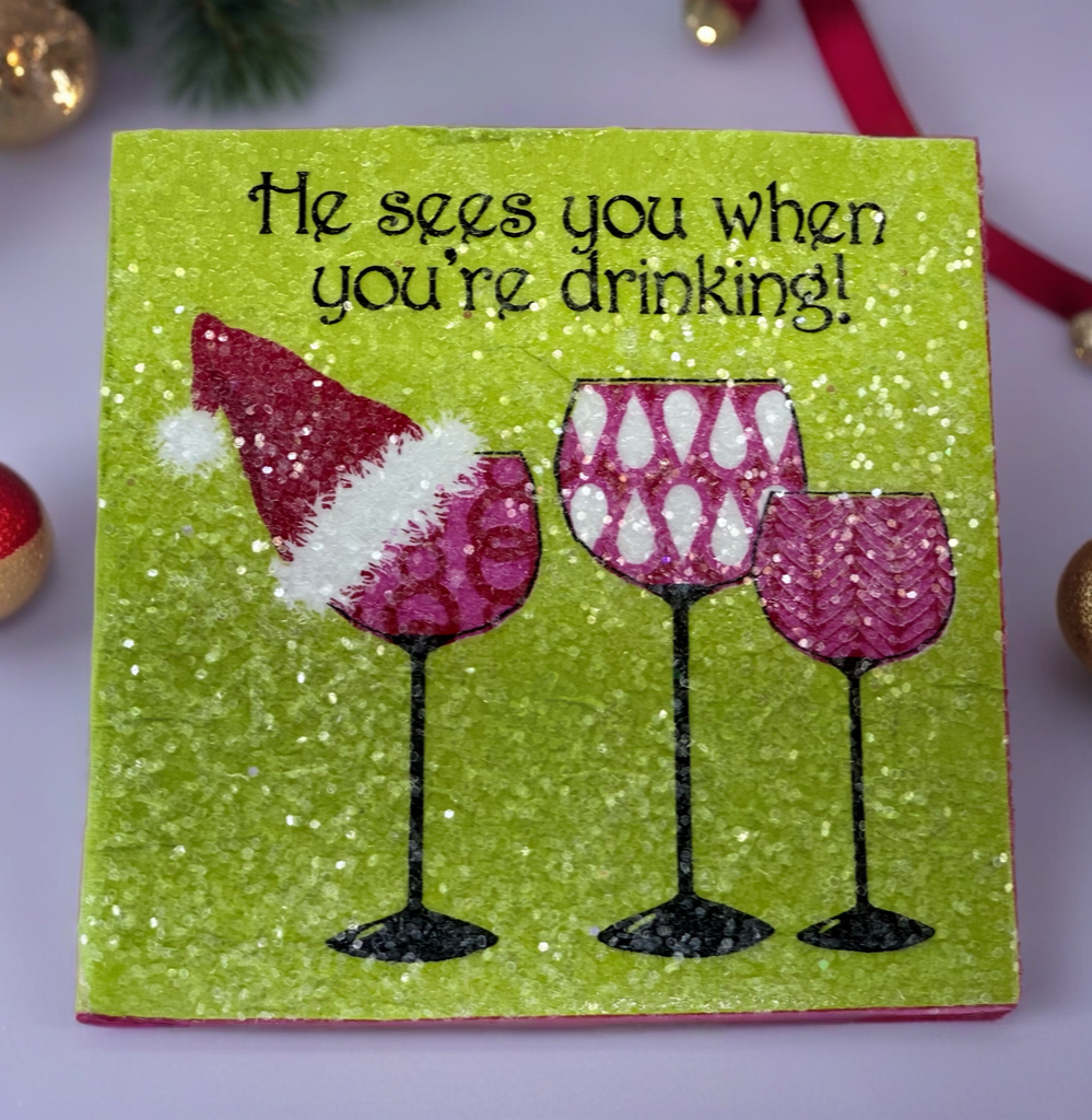 He See's You When You're Drinking Christmas Cocktail Ceramic Tile Coasters (set of 4)