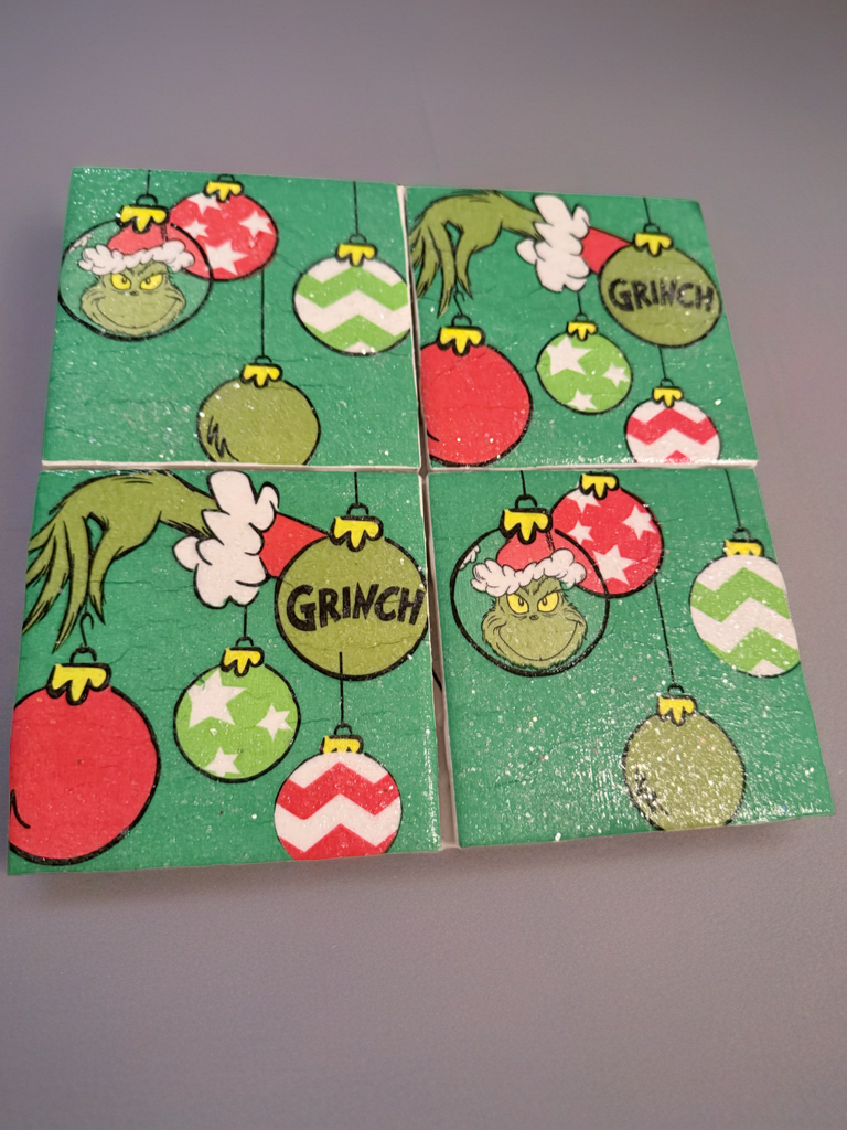 Grinch Christmas Coasters – Whoville Holiday Drink Coaster Set | Glitter Resin Tile Coasters | Grinchmas Gift | Holiday Home Decor