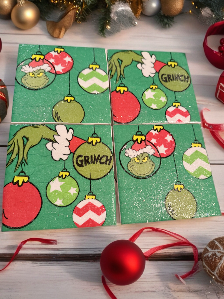 Grinch Christmas Coasters – Whoville Holiday Drink Coaster Set | Glitter Resin Tile Coasters | Grinchmas Gift | Holiday Home Decor