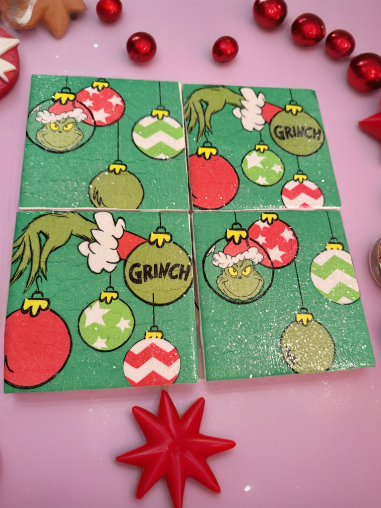 Grinch Christmas Coasters – Whoville Holiday Drink Coaster Set | Glitter Resin Tile Coasters | Grinchmas Gift | Holiday Home Decor
