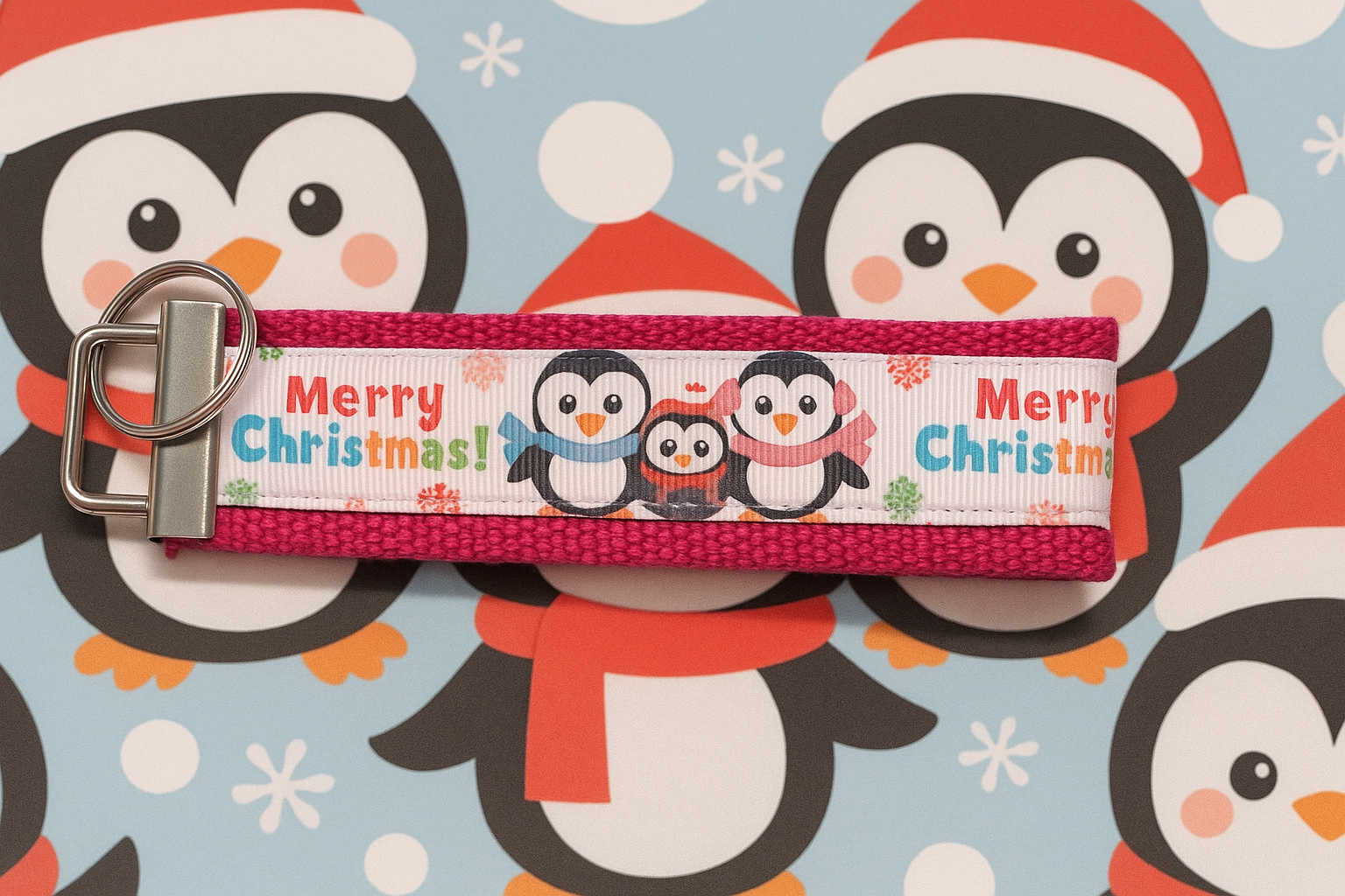 Festive Penguin “Merry Christmas” Keychain Wristlet – Cute Holiday Gift & Stocking Stuffer