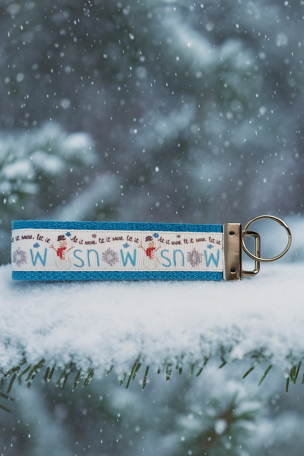Let It Snow Winter Keychain – Snowman & Snowflake Fabric Wristlet