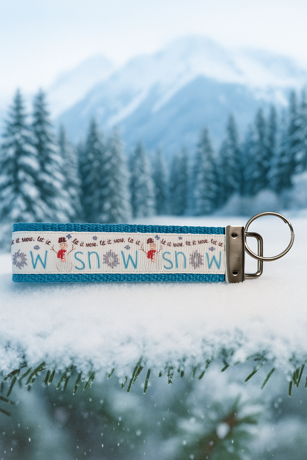 Let It Snow Winter Keychain – Snowman & Snowflake Fabric Wristlet