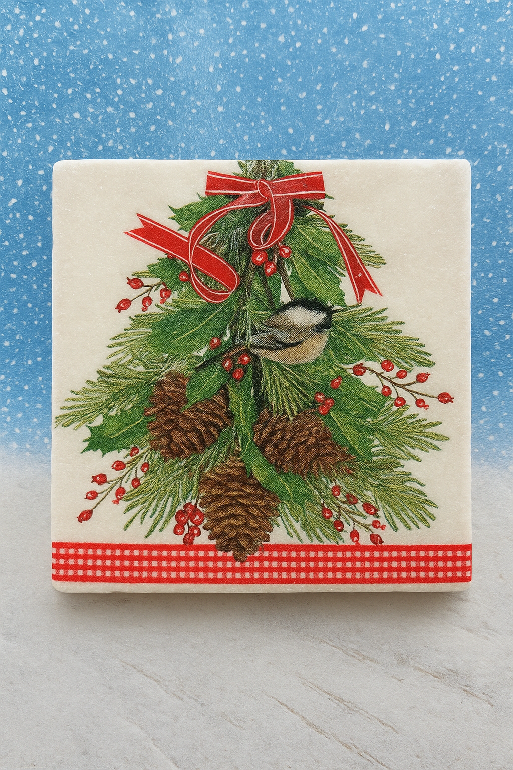Chickadee & Pinecone Coaster Set of 4 – Handmade Christmas Coasters