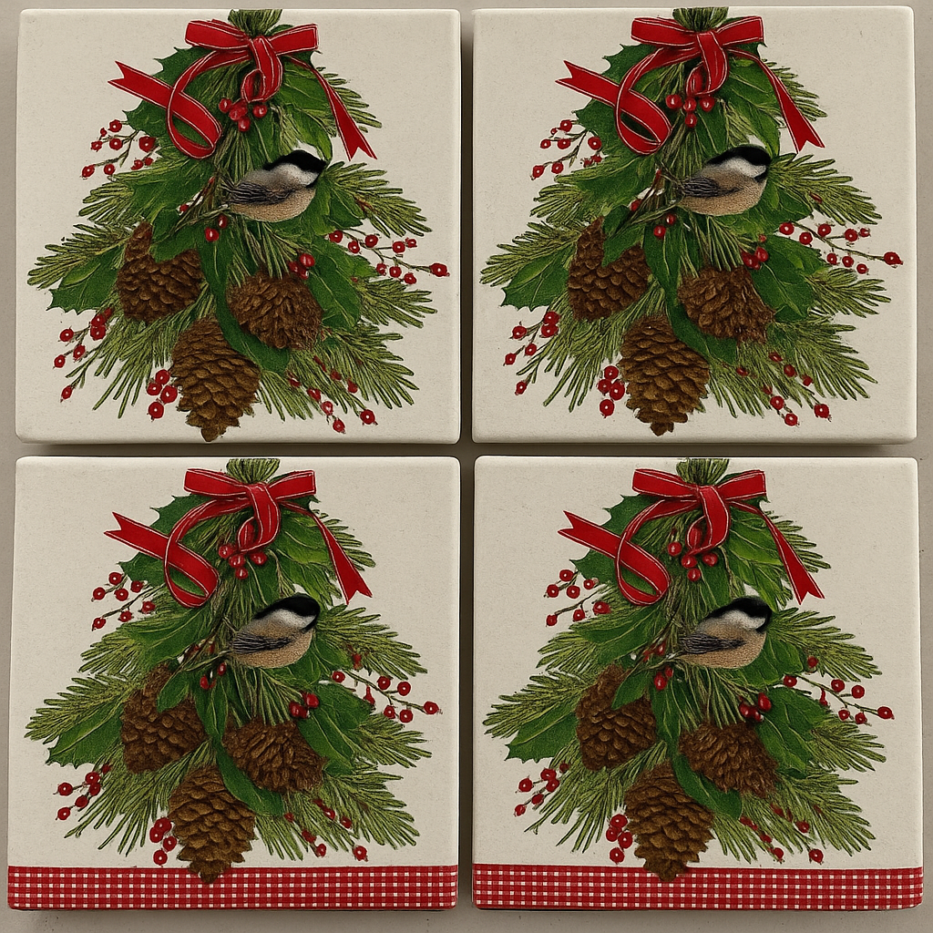 Chickadee & Pinecone Coaster Set of 4 – Handmade Christmas Coasters