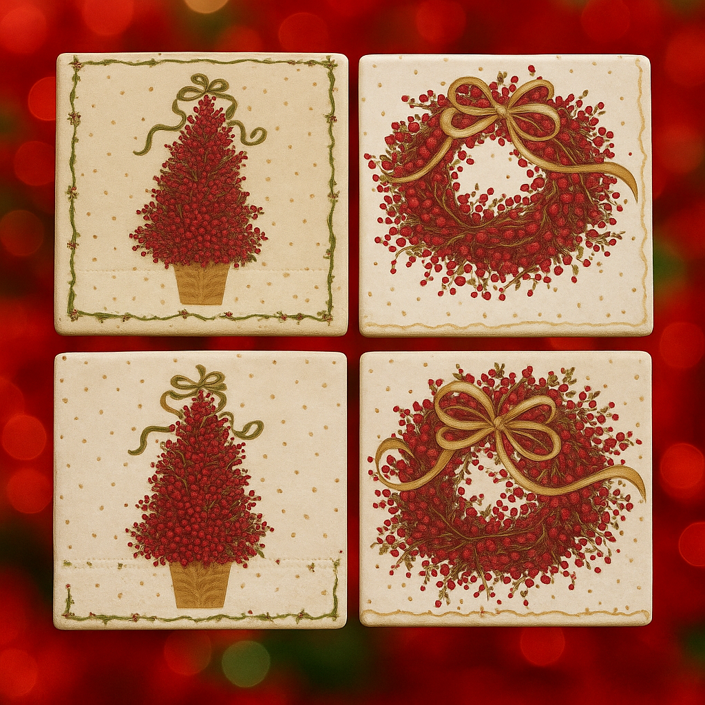 Christmas Tree & Wreath Coaster Set of 4 – Handmade Holiday Coasters | Rustic Farmhouse Christmas Décor