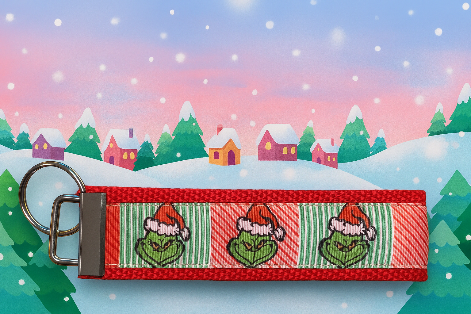 Grinch Christmas Keychain Wristlet – Whoville Holiday Key Fob, Festive Gift for Grinch Lovers