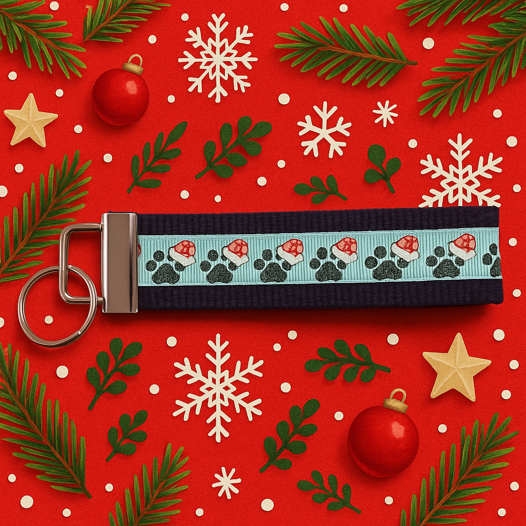 Christmas Dog Keychain Wristlet – Santa Hat & Paw Print Design | Perfect Holiday Gift for Dog Lovers