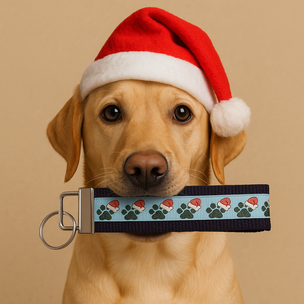 Christmas Dog Keychain Wristlet – Santa Hat & Paw Print Design | Perfect Holiday Gift for Dog Lovers