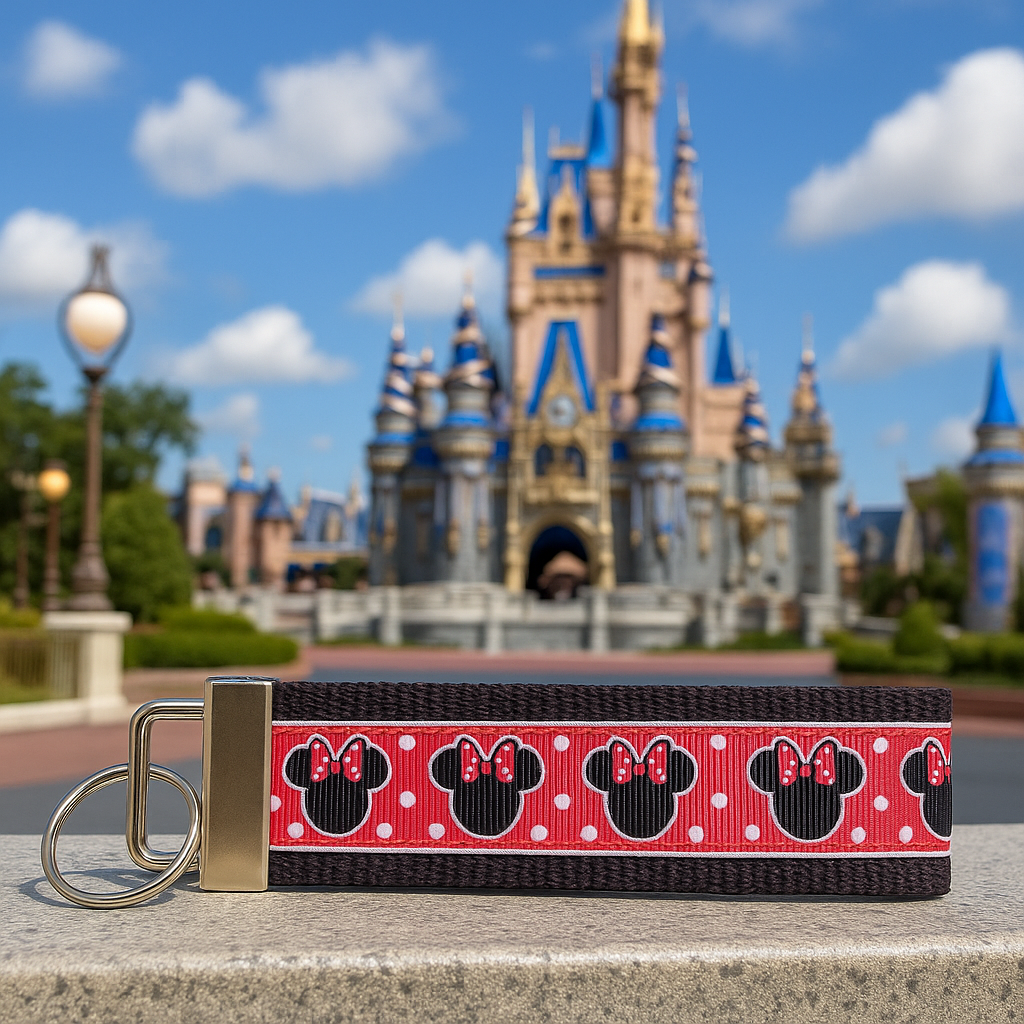 Magical Minnie-Inspired Keychain Wristlet – Handmade Polka Dot Red & Black Bow Design | Perfect Disney Fan Gift
