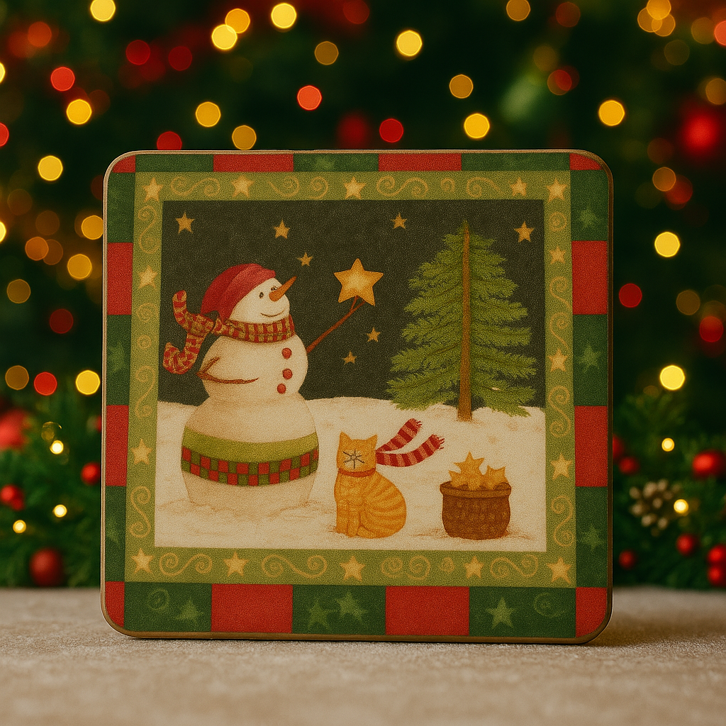 Christmas Snowman & Cat Coaster Set – Ceramic Holiday Coasters (Set of 4) | Festive Winter Decor & Gift