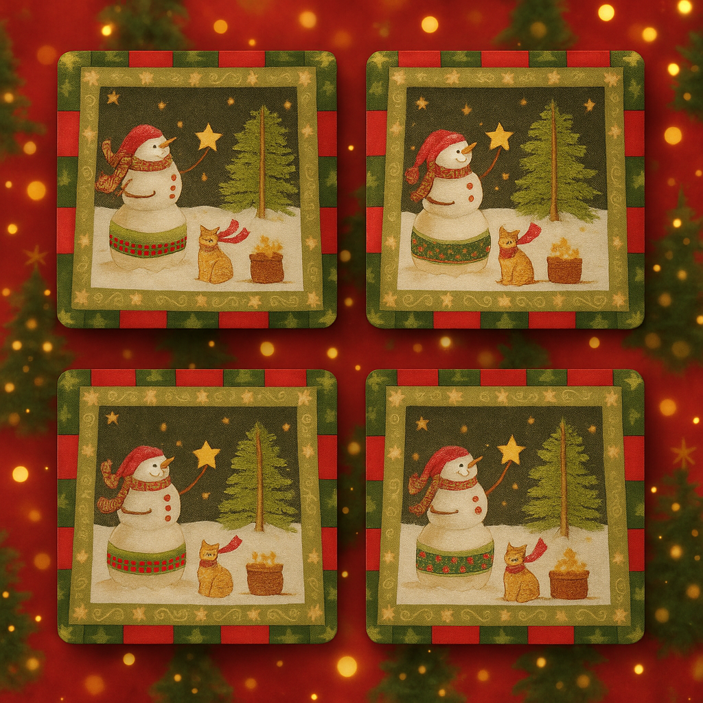 Christmas Snowman & Cat Coaster Set – Ceramic Holiday Coasters (Set of 4) | Festive Winter Decor & Gift