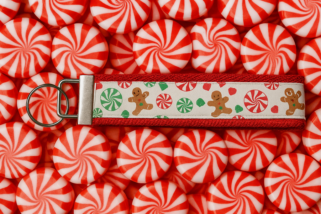 Gingerbread & Peppermint Christmas Keychain – Festive Holiday Wristlet for Stocking Stuffers & Gifts