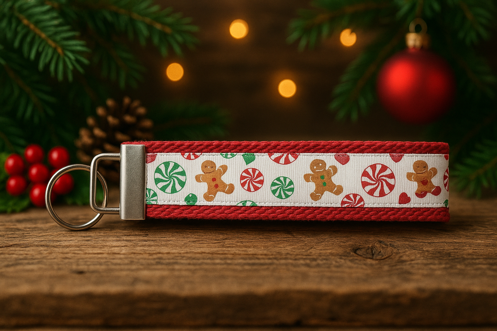 Gingerbread & Peppermint Christmas Keychain – Festive Holiday Wristlet for Stocking Stuffers & Gifts