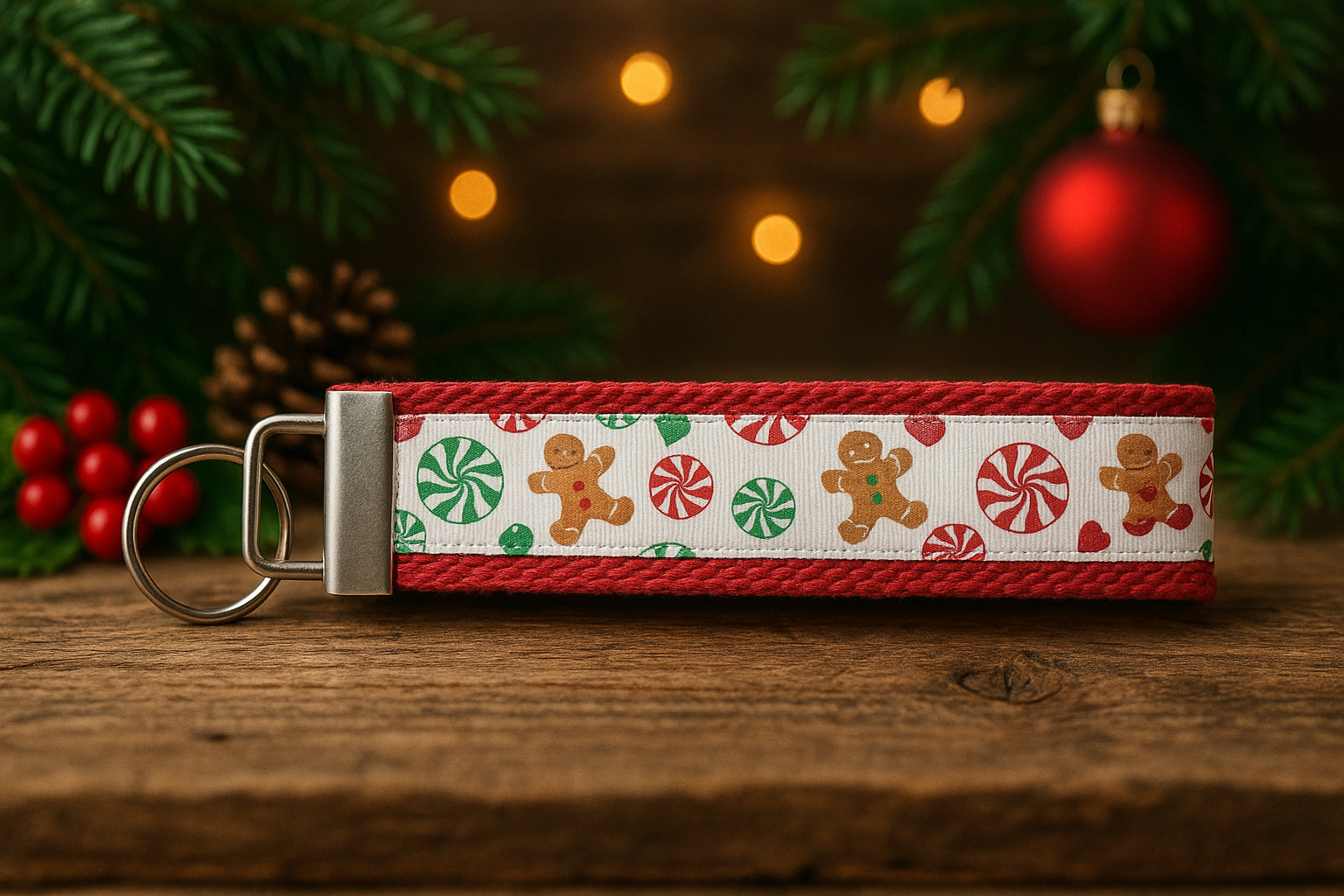 Gingerbread & Peppermint Christmas Keychain – Festive Holiday Wristlet for Stocking Stuffers & Gifts