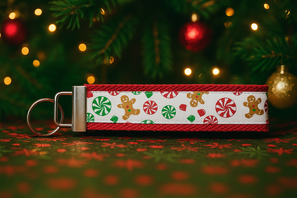 Gingerbread & Peppermint Christmas Keychain – Festive Holiday Wristlet for Stocking Stuffers & Gifts