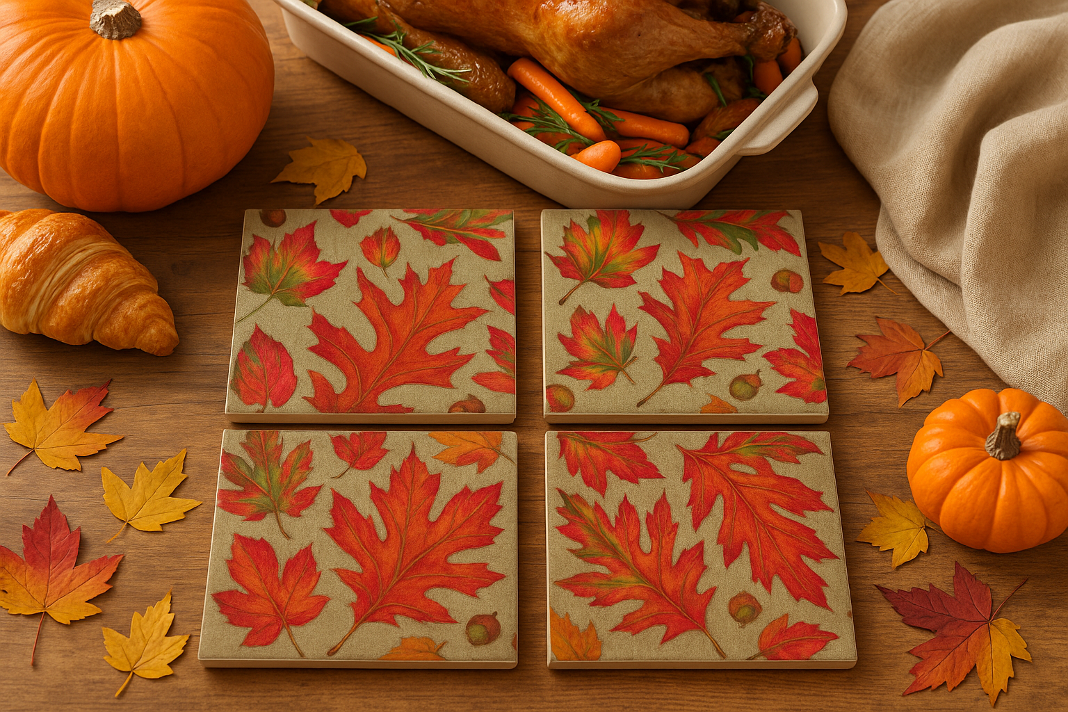 Set of 4 Fall Leaf Coasters – Thanksgiving Kitchen Decor – Ceramic Autumn Coaster Set – Seasonal Table Decor – Gift for Hostess
