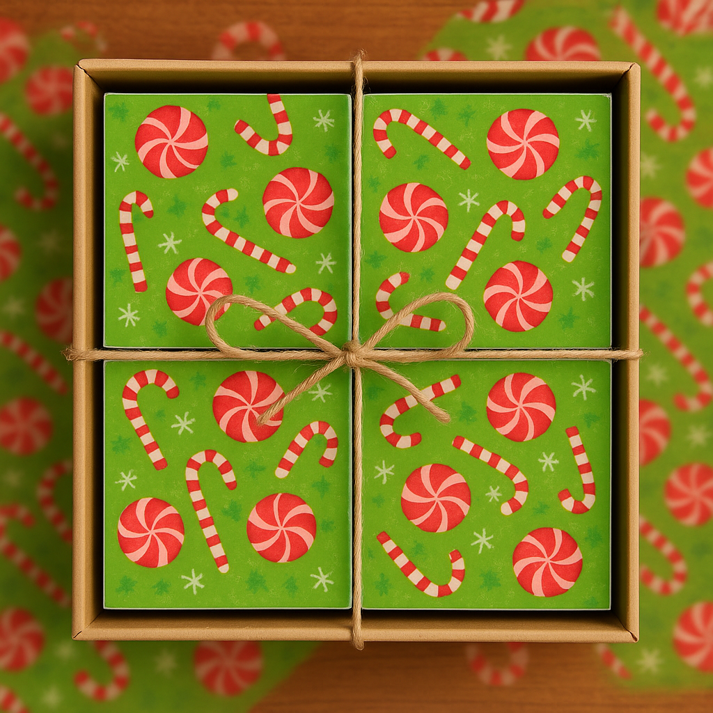 Peppermint Candy Cane Christmas Coaster Set – Gift Boxed Holiday Drink Coasters – Ceramic – Handmade – Perfect Hostess Gift 🎁