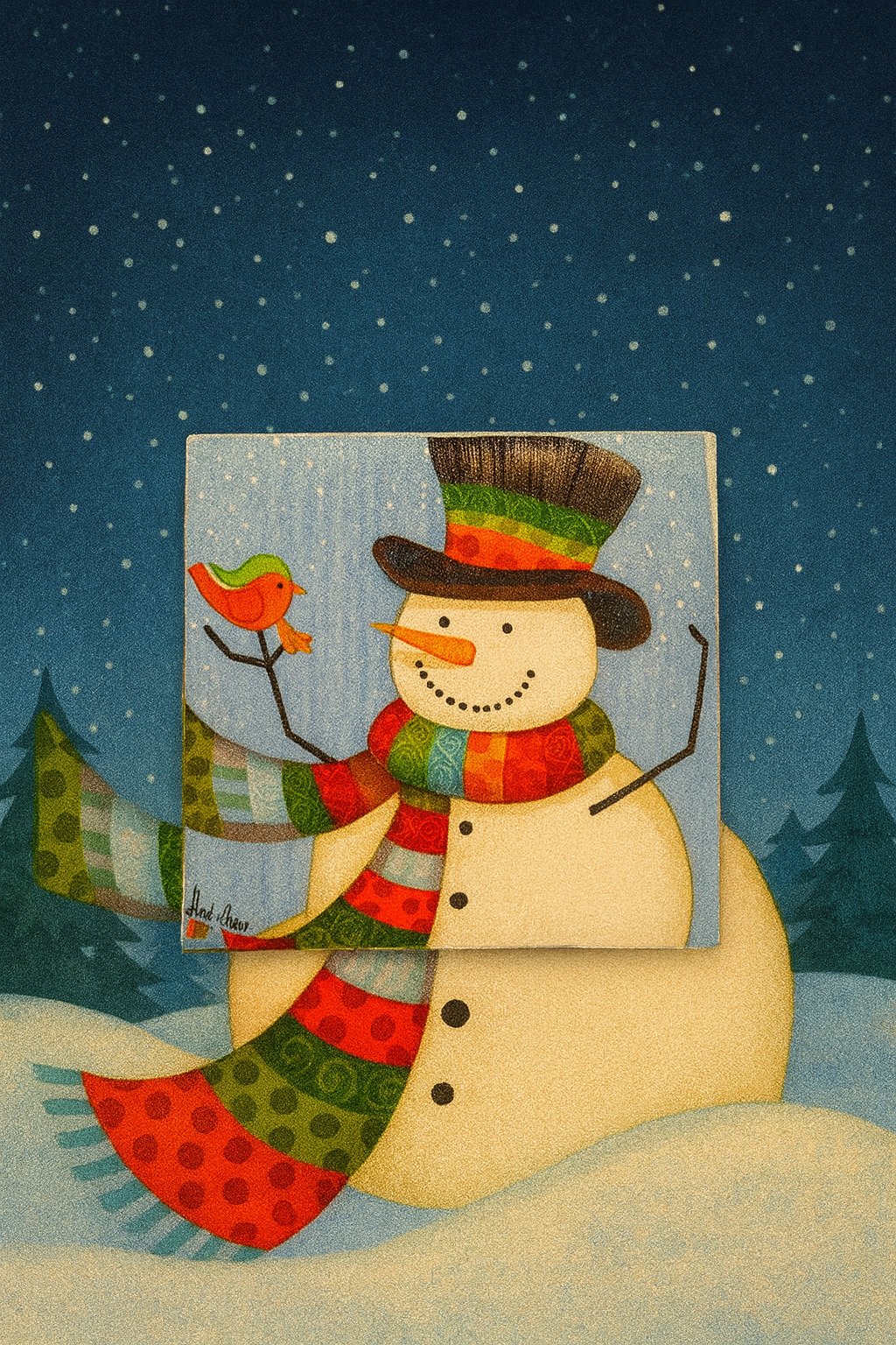 Handmade Snowman Christmas Coaster – Colorful Winter Snowflake Décor – Cute Holiday Drink Coaster – Ceramic Tile Gift