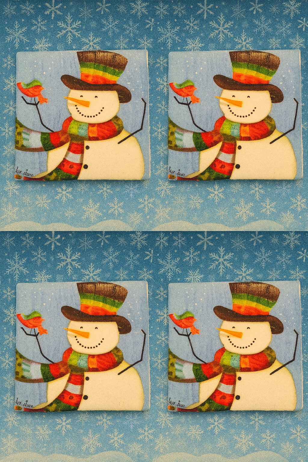 Handmade Snowman Christmas Coaster – Colorful Winter Snowflake Décor – Cute Holiday Drink Coaster – Ceramic Tile Gift