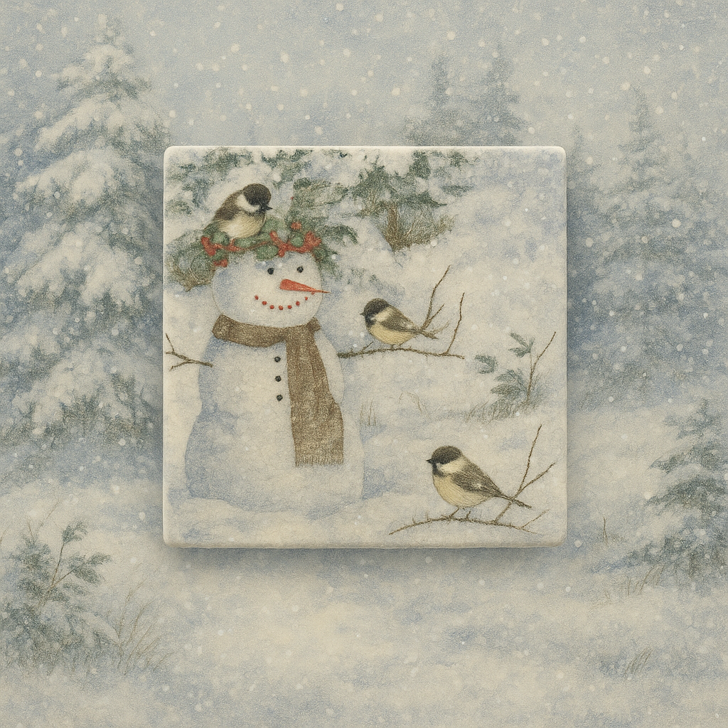 Snowman & Chickadee Winter Coaster Set (4-Pack) – Rustic Christmas Bird Coasters – Holiday Home Décor – Ceramic Tile Coasters