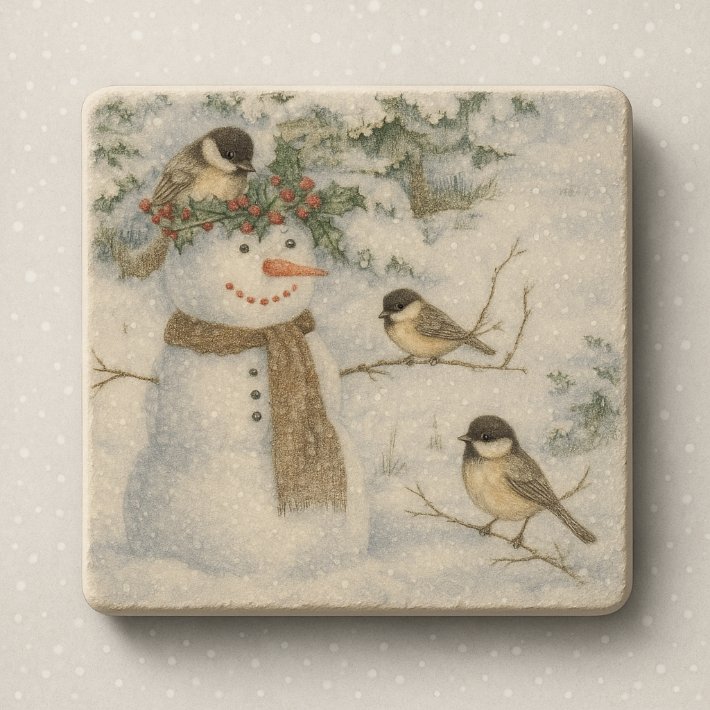 Snowman & Chickadee Winter Coaster Set (4-Pack) – Rustic Christmas Bird Coasters – Holiday Home Décor – Ceramic Tile Coasters