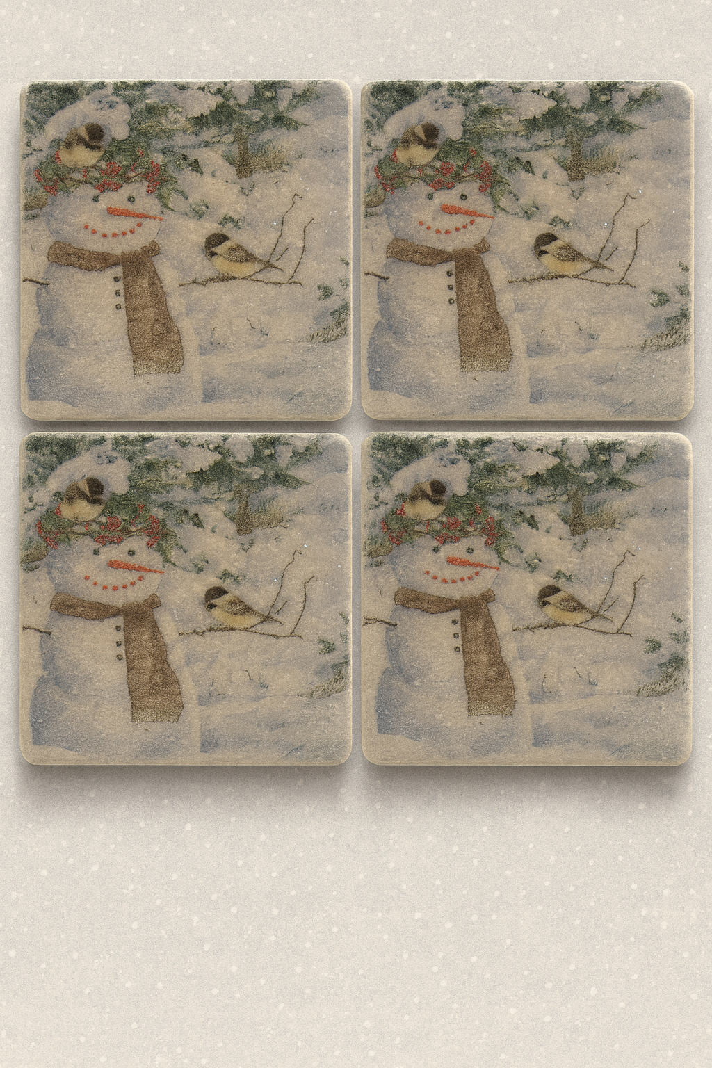 Snowman & Chickadee Winter Coaster Set (4-Pack) – Rustic Christmas Bird Coasters – Holiday Home Décor – Ceramic Tile Coasters