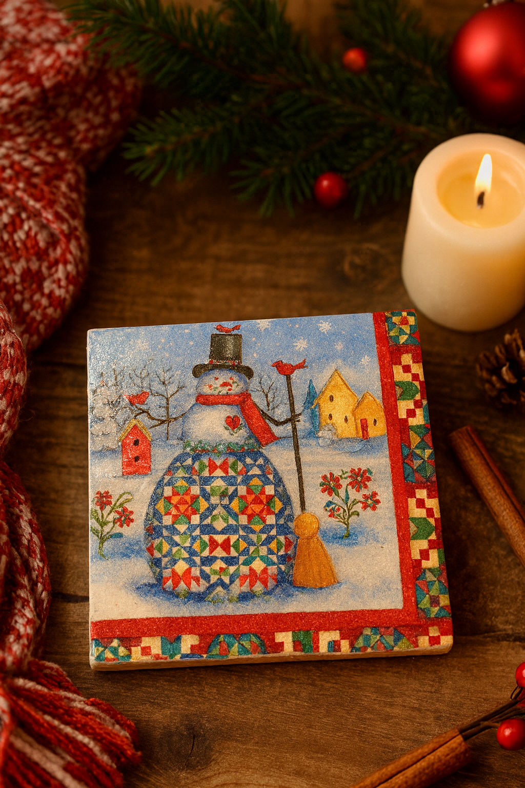 Snowman Quilt Coaster Set (4-Pack) – Christmas Winter Coasters – Cardinal & Snowman Gift Set – Ceramic Tile Coasters – Holiday Home Décor