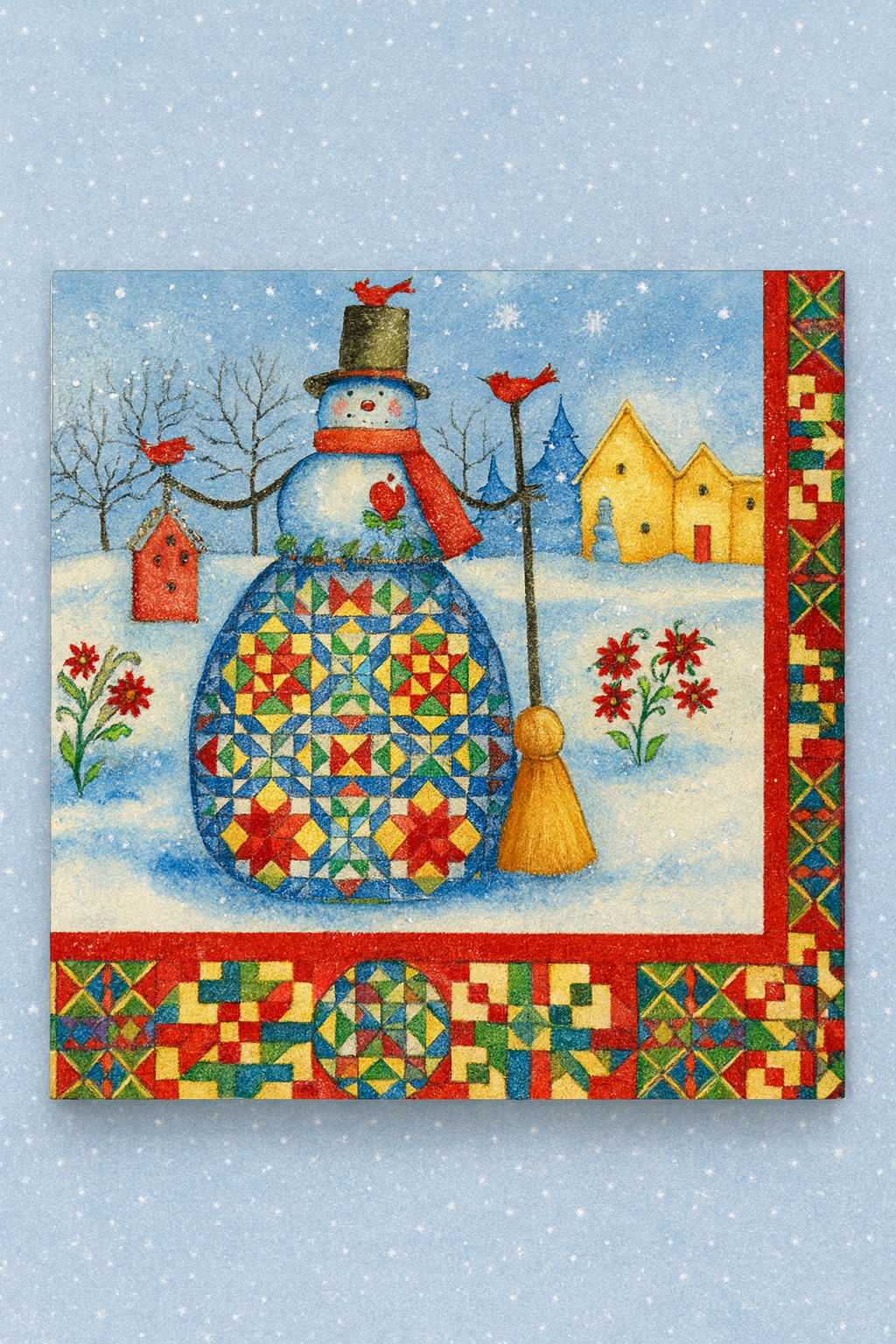 Snowman Quilt Coaster Set (4-Pack) – Christmas Winter Coasters – Cardinal & Snowman Gift Set – Ceramic Tile Coasters – Holiday Home Décor