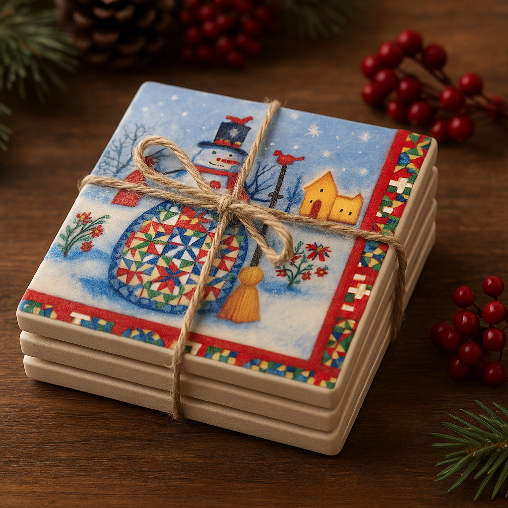 Snowman Quilt Coaster Set (4-Pack) – Christmas Winter Coasters – Cardinal & Snowman Gift Set – Ceramic Tile Coasters – Holiday Home Décor