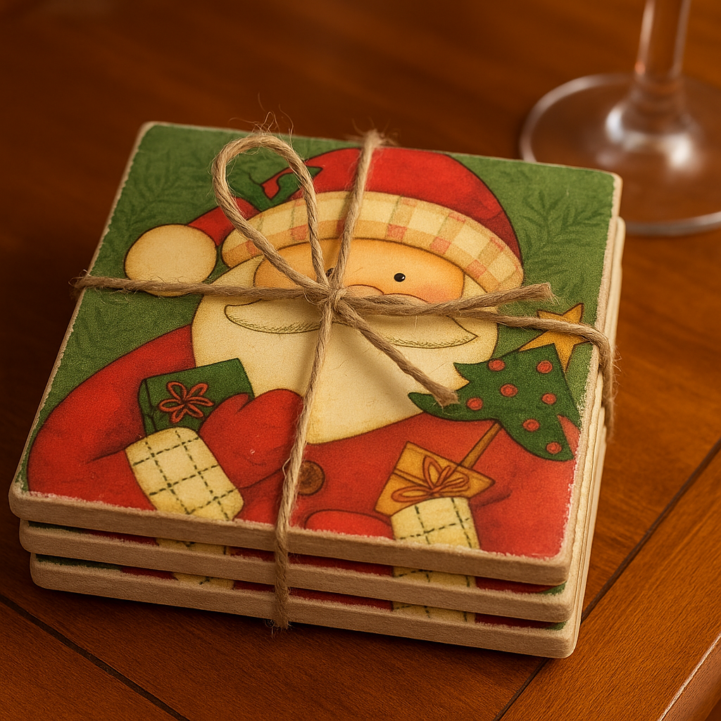 🎅 Santa Claus Ceramic Christmas Coaster Set (4-Pack) – Rustic Holiday Home Décor, Gift-Ready