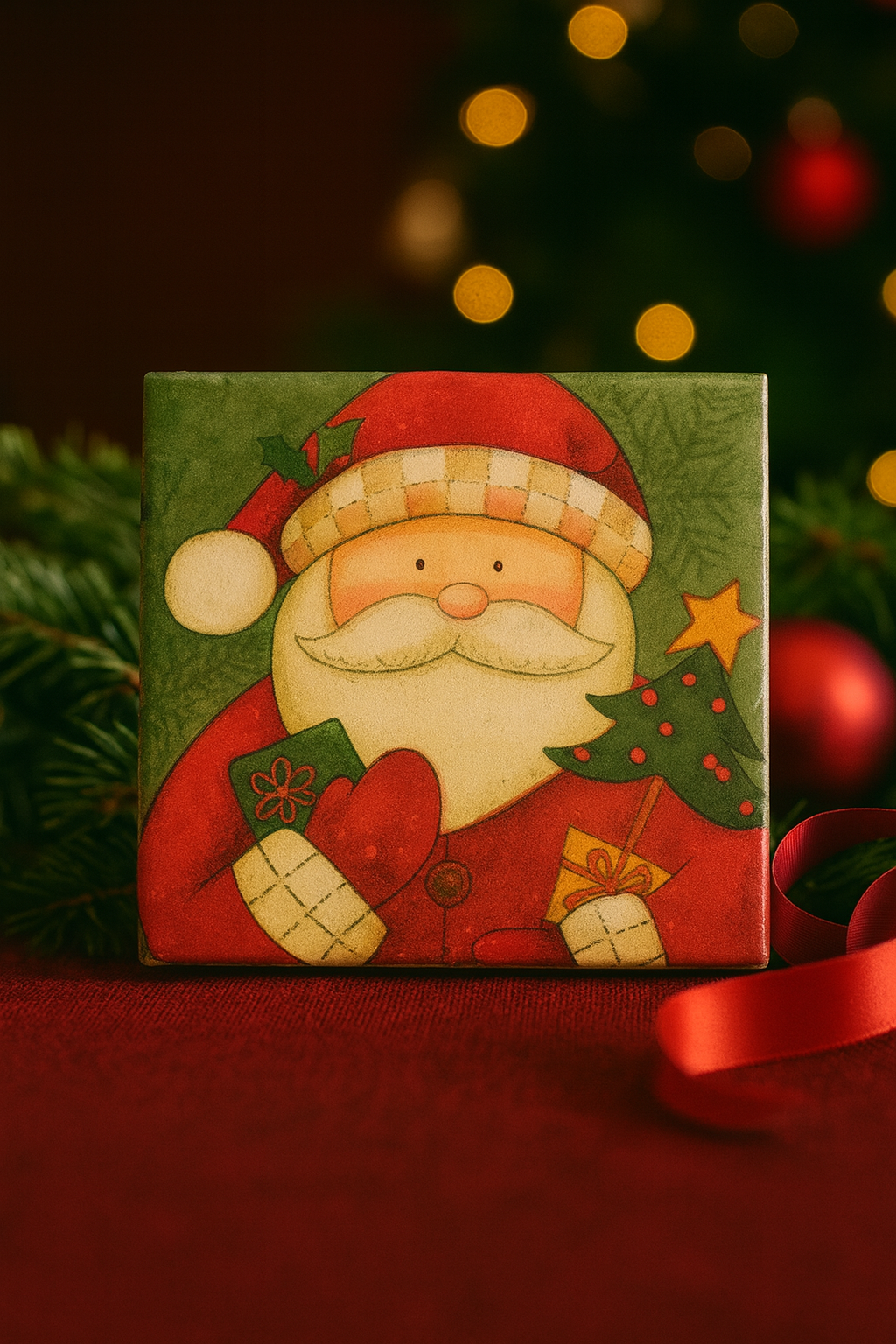 🎅 Santa Claus Ceramic Christmas Coaster Set (4-Pack) – Rustic Holiday Home Décor, Gift-Ready