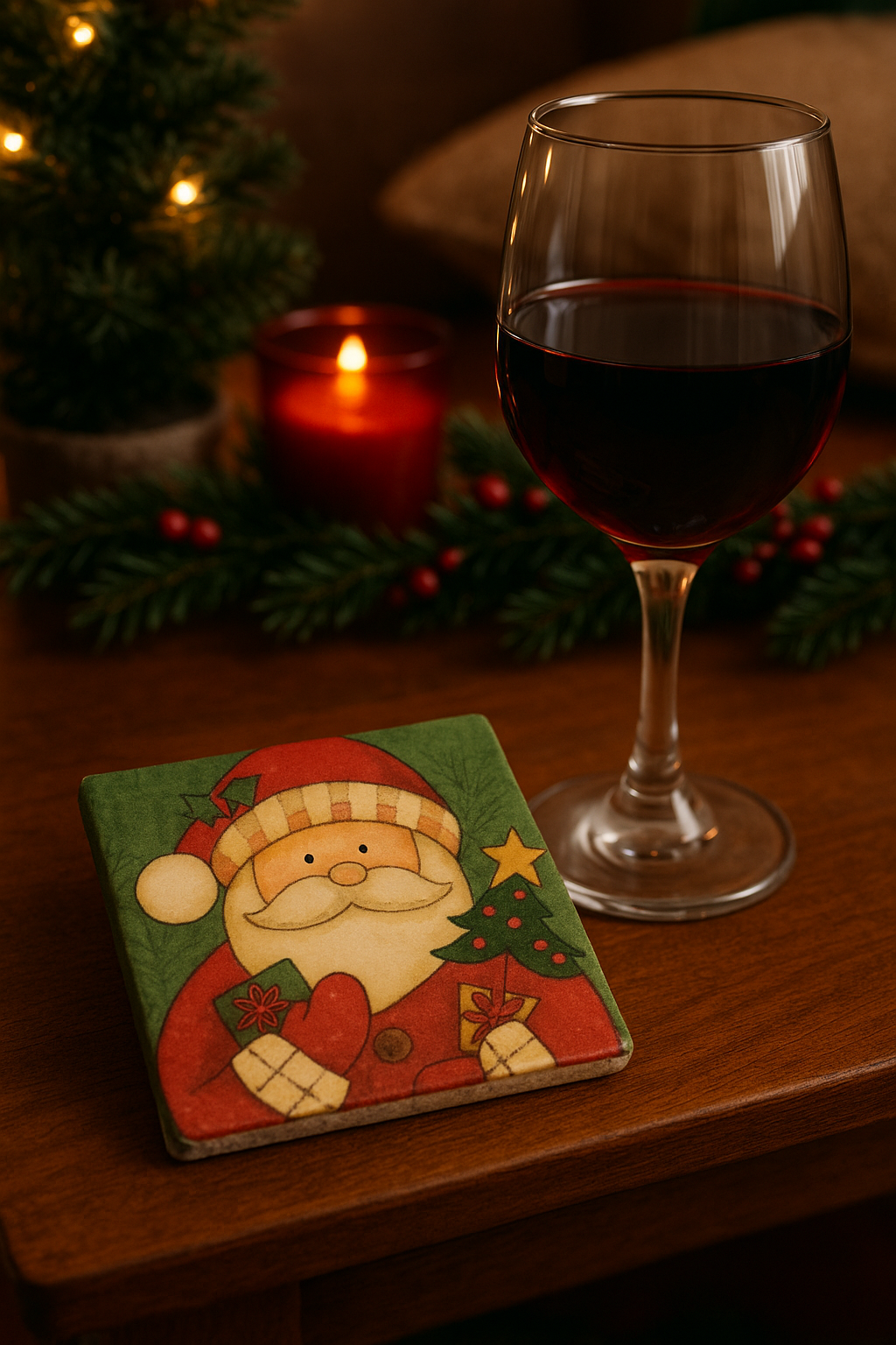 🎅 Santa Claus Ceramic Christmas Coaster Set (4-Pack) – Rustic Holiday Home Décor, Gift-Ready