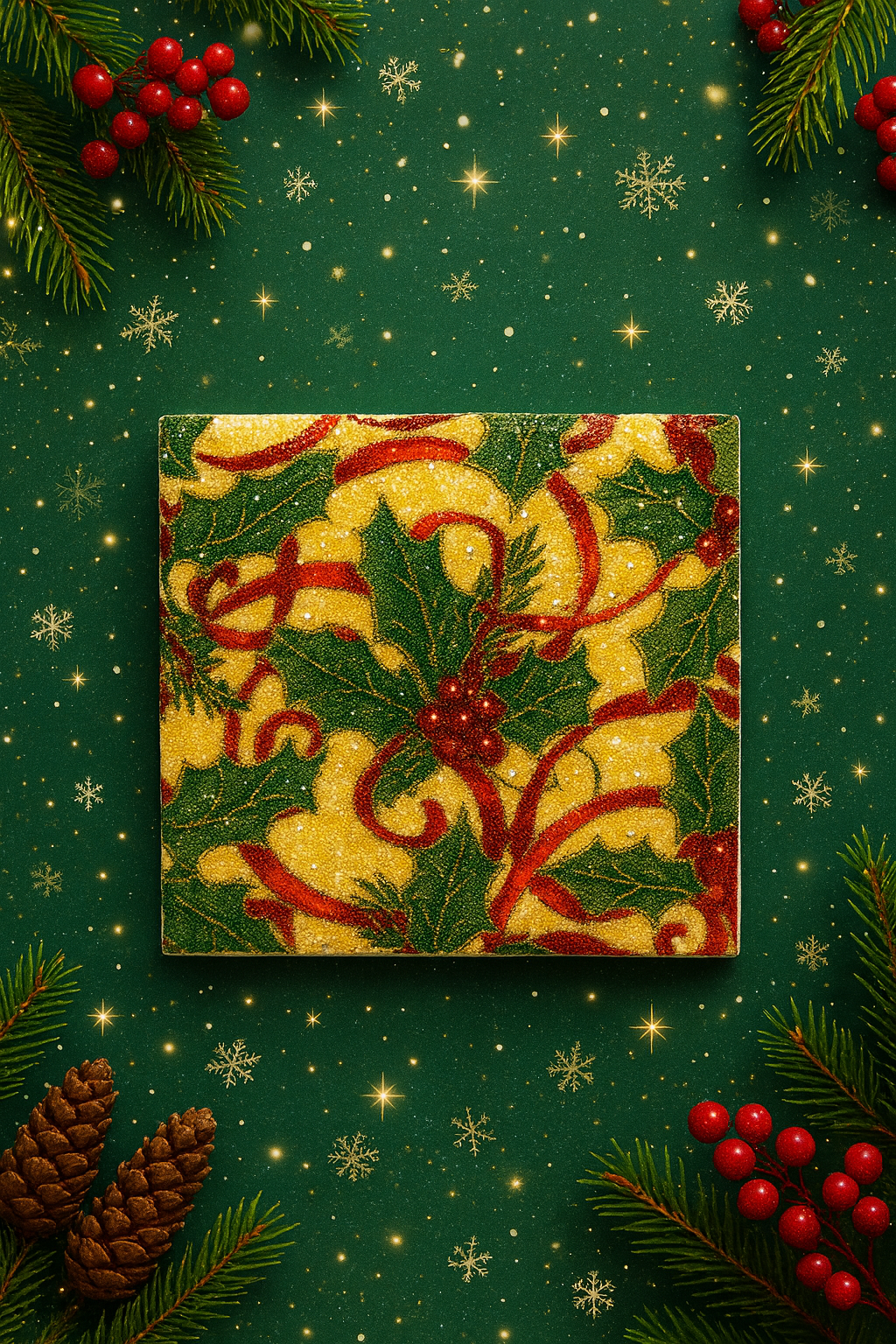🎄 Holiday Holly Berry Ceramic Coaster Set – Set of 4 – Christmas Table Decor