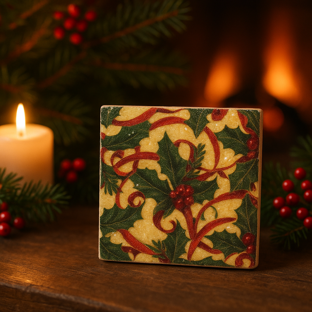 🎄 Holiday Holly Berry Ceramic Coaster Set – Set of 4 – Christmas Table Decor