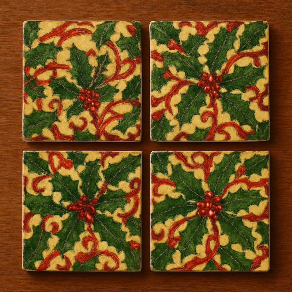 🎄 Holiday Holly Berry Ceramic Coaster Set – Set of 4 – Christmas Table Decor