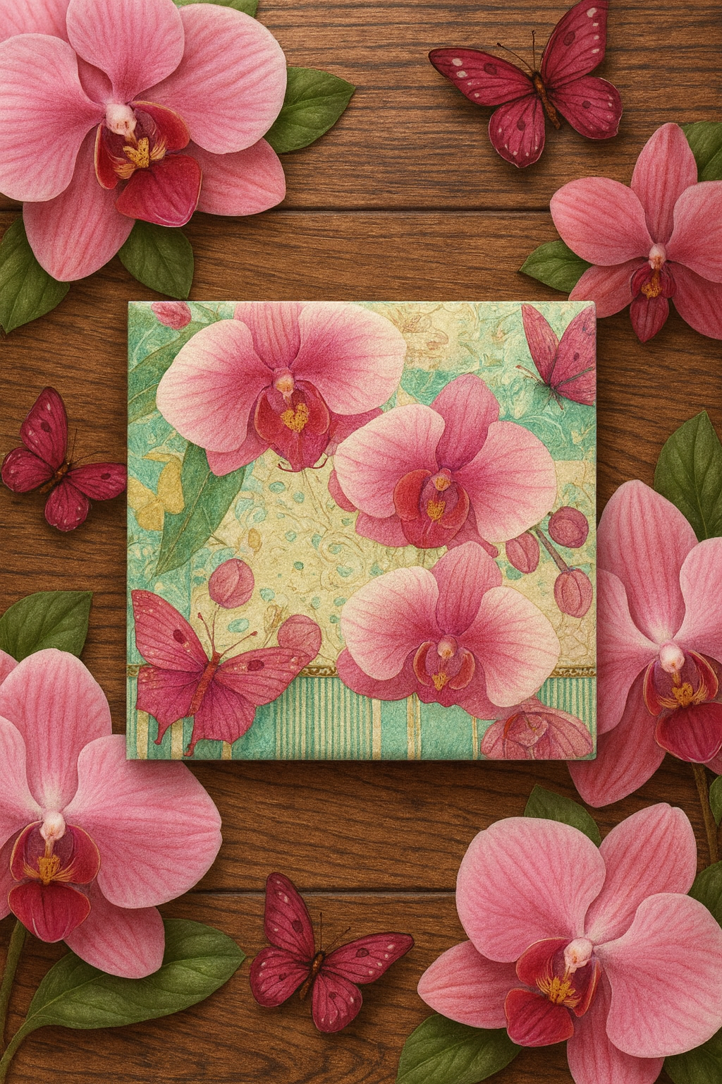 Orchid & Butterfly Ceramic Coaster Set – Vintage Floral Drink Coasters (Set of 4)