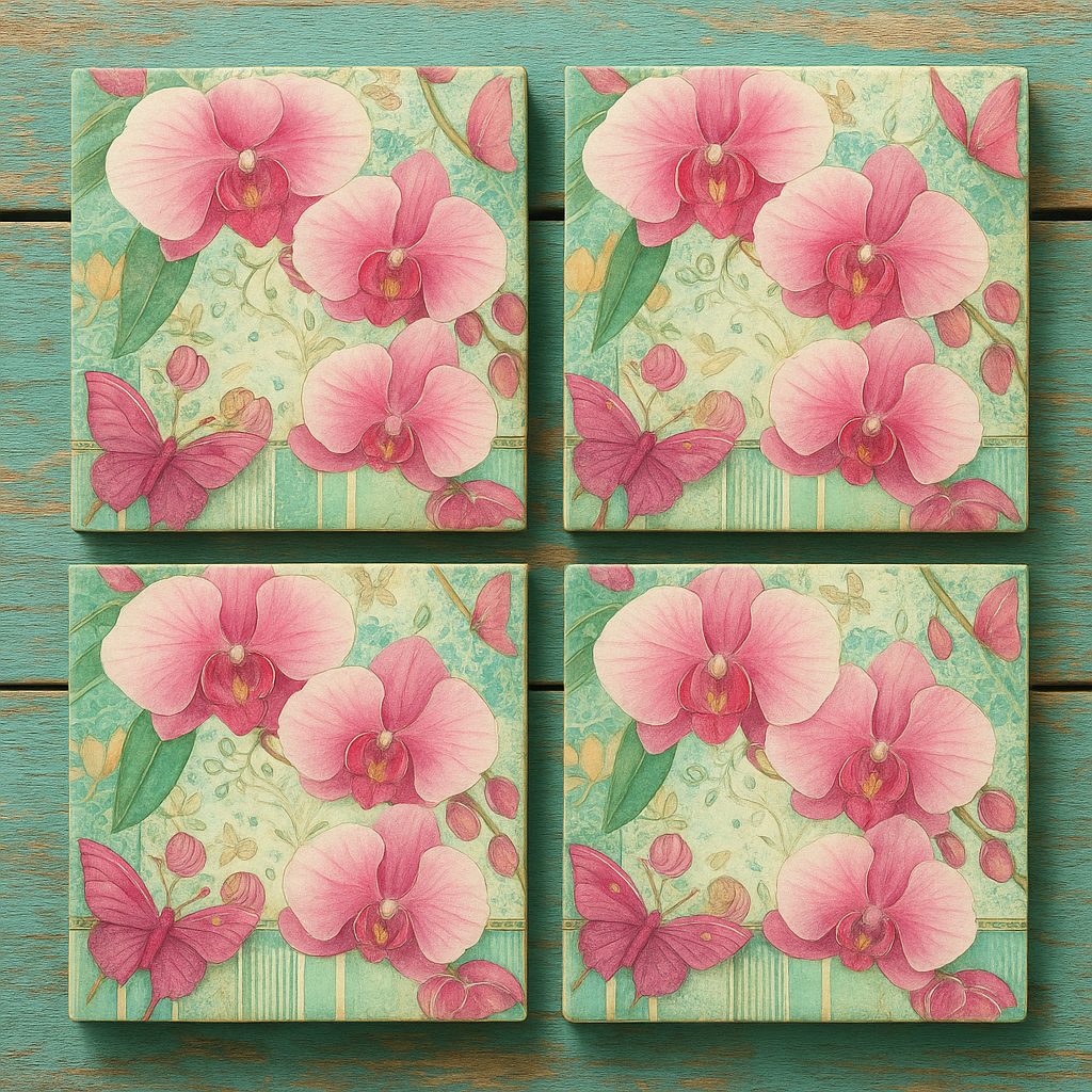 Orchid & Butterfly Ceramic Coaster Set – Vintage Floral Drink Coasters (Set of 4)