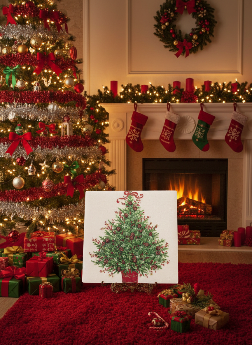 🎄 Christmas Tree Ceramic Coaster – Set of 4 – Holiday Decor Gift – Pinecone Accent Drink Coasters