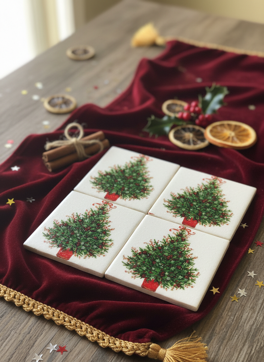 🎄 Christmas Tree Ceramic Coaster – Set of 4 – Holiday Decor Gift – Pinecone Accent Drink Coasters
