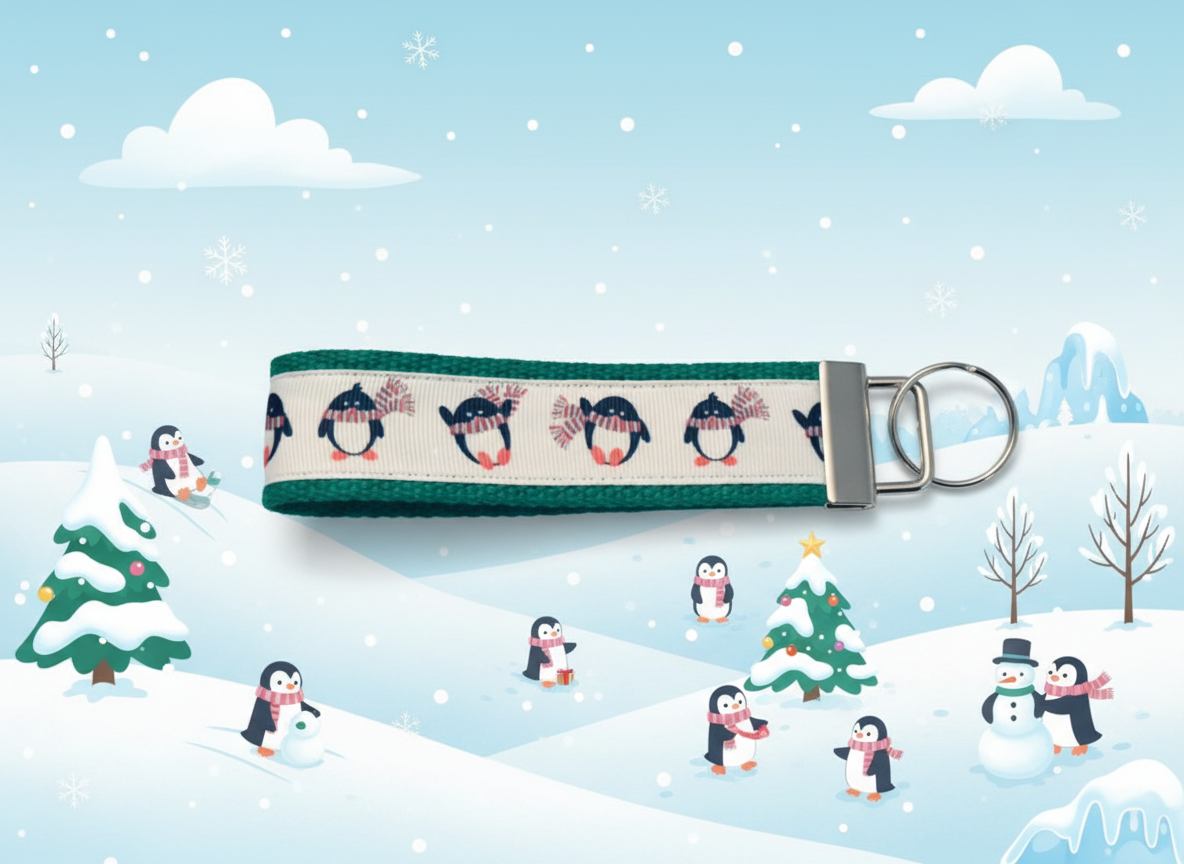 Green and White Scarfy Penguins Cotton Webbing Keychain/ Keyfob/ Wristlet