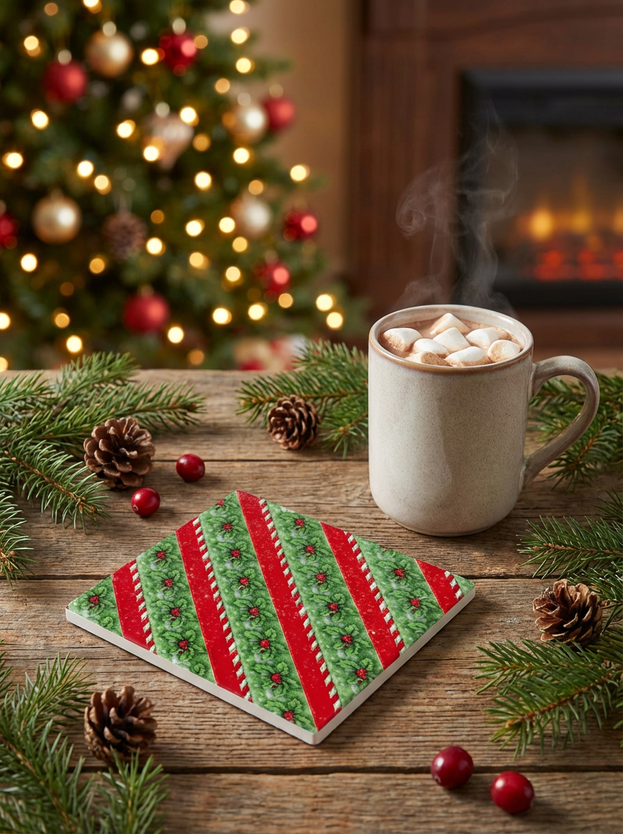 🎄 Set of 4 Christmas Ceramic Coasters – Holiday Wreath & Candy Stripe Design – Festive Drink Coaster Gift Set
