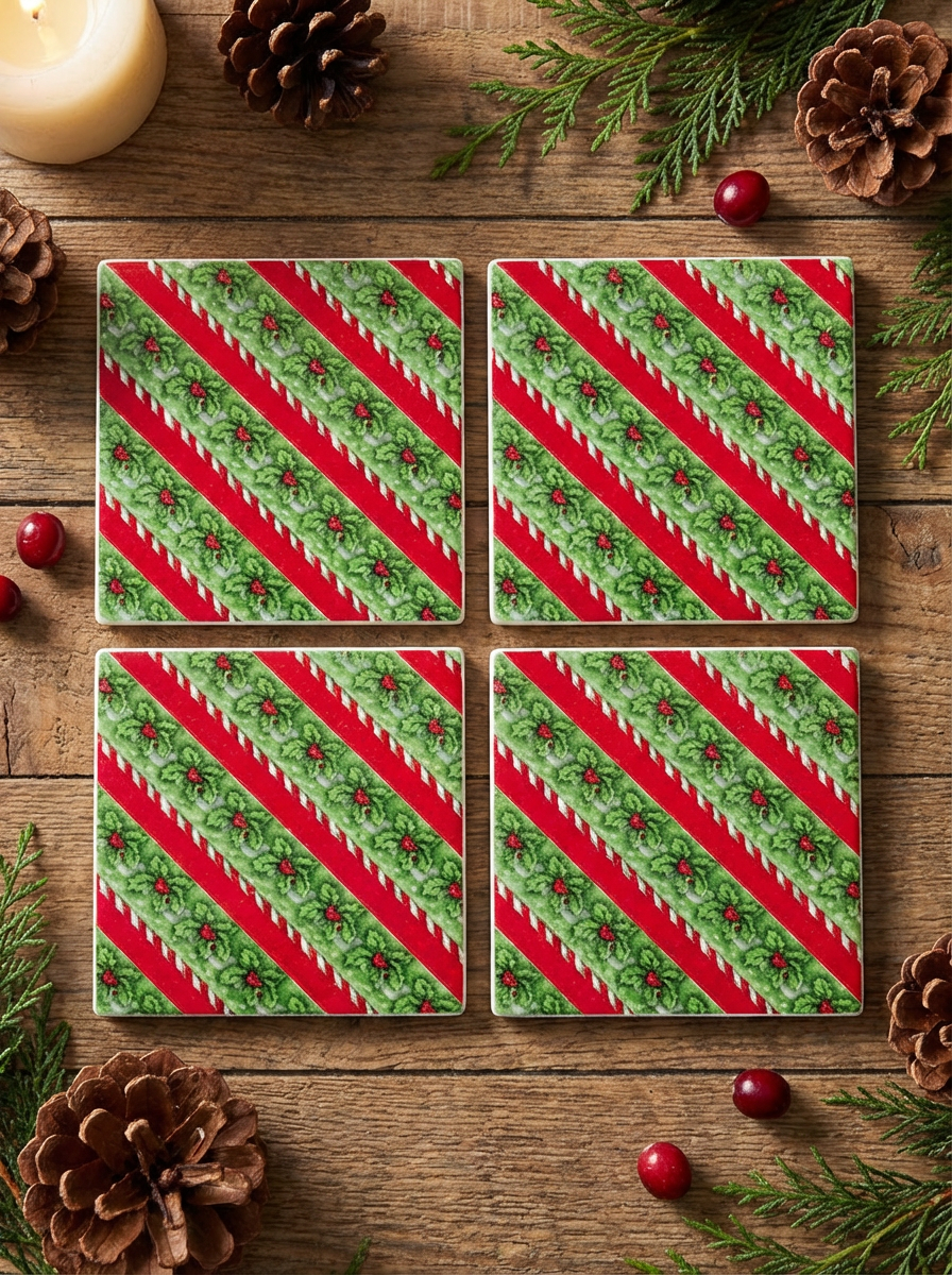 🎄 Set of 4 Christmas Ceramic Coasters – Holiday Wreath & Candy Stripe Design – Festive Drink Coaster Gift Set