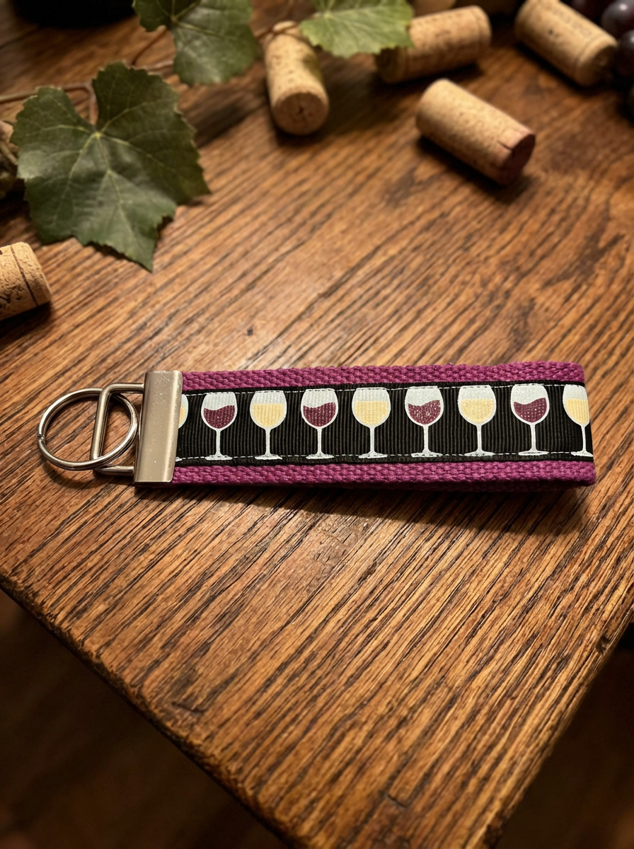 🍷 Wine Glass Keychain Wristlet – Burgundy & White Wine Pattern – Wine Lover Gift – Cute Wrist Strap Key Fob
