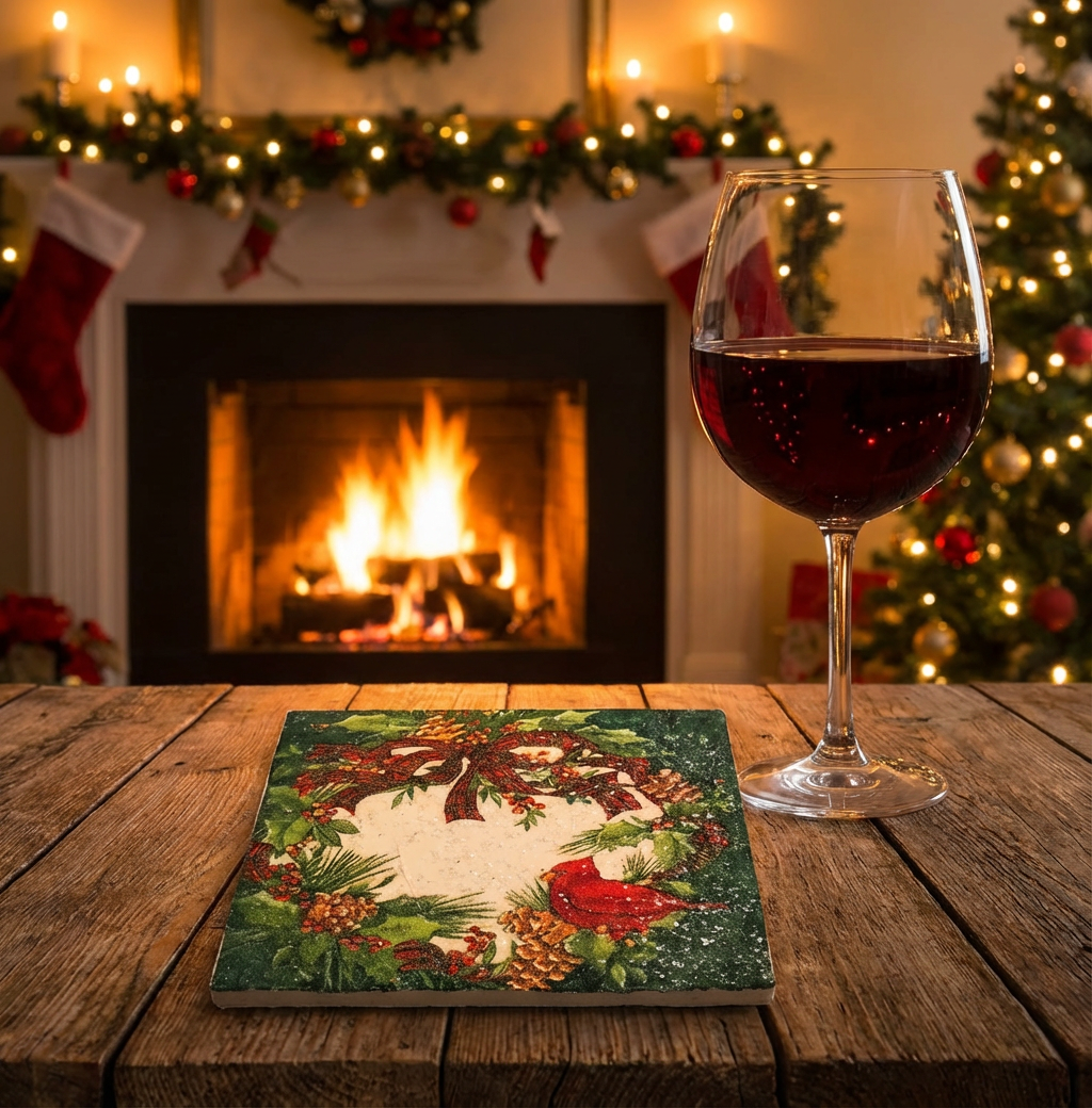 🎄 Set of 4 Ceramic Christmas Cardinal Coasters – Holiday Wreath Design, Gift-Ready 🎁